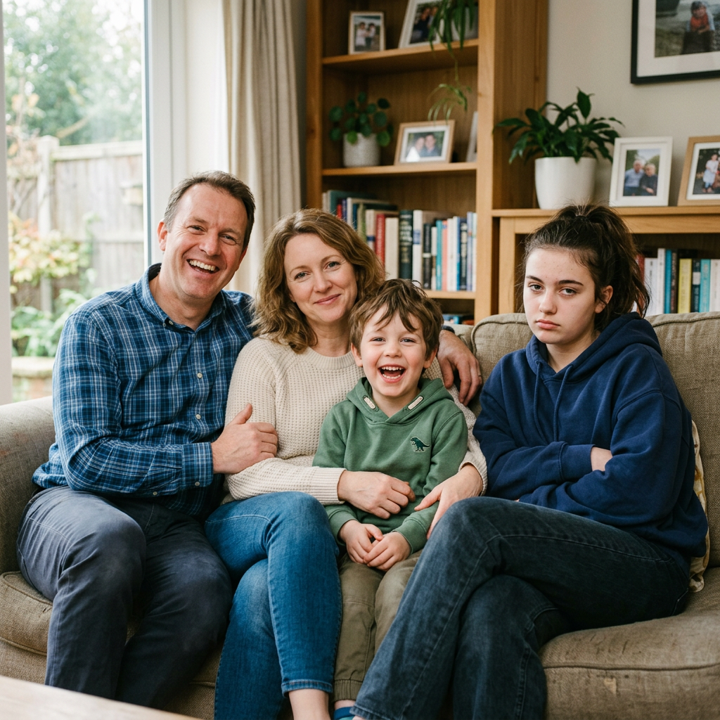 A family photo with four people: a father beaming with pride