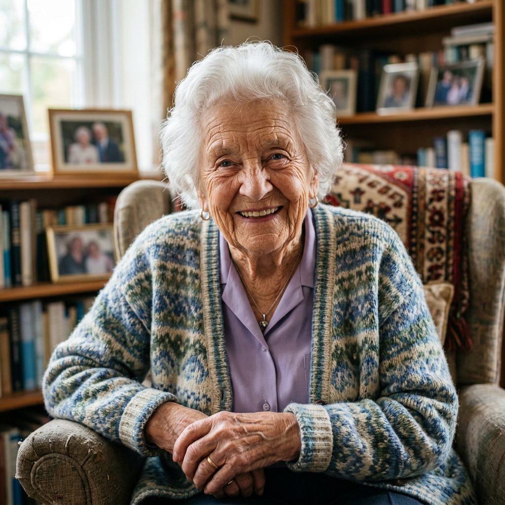 An elderly woman in her 80s with deep wrinkles and white hai