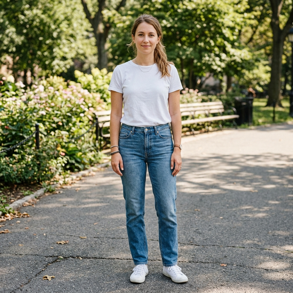 A woman standing upright in a relaxed pose, arms at her side