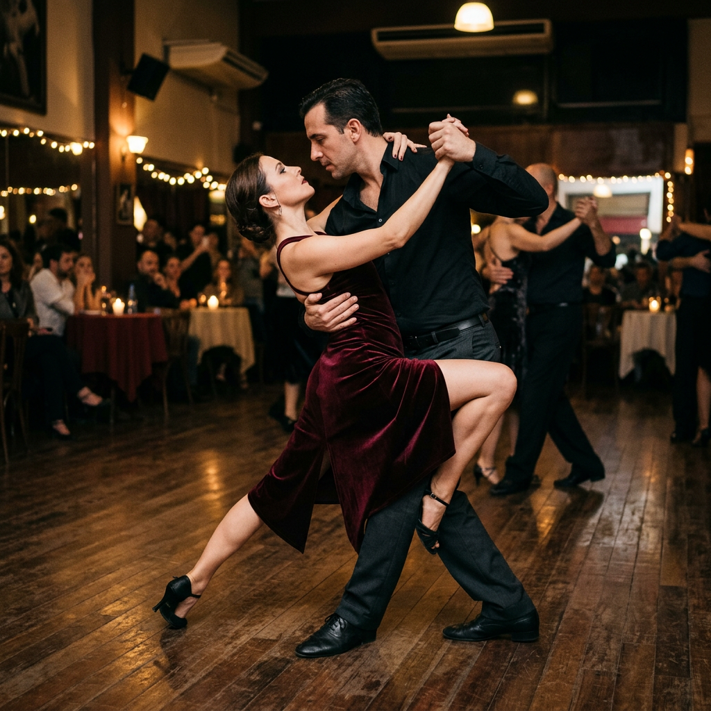 Two tango dancers in a close embrace, the man dipping the wo