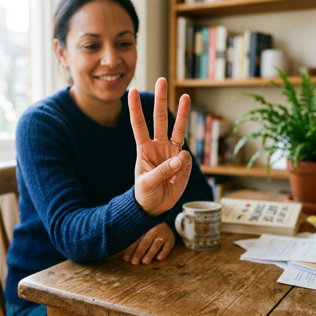 A person counting to three on their fingers, with index, mid