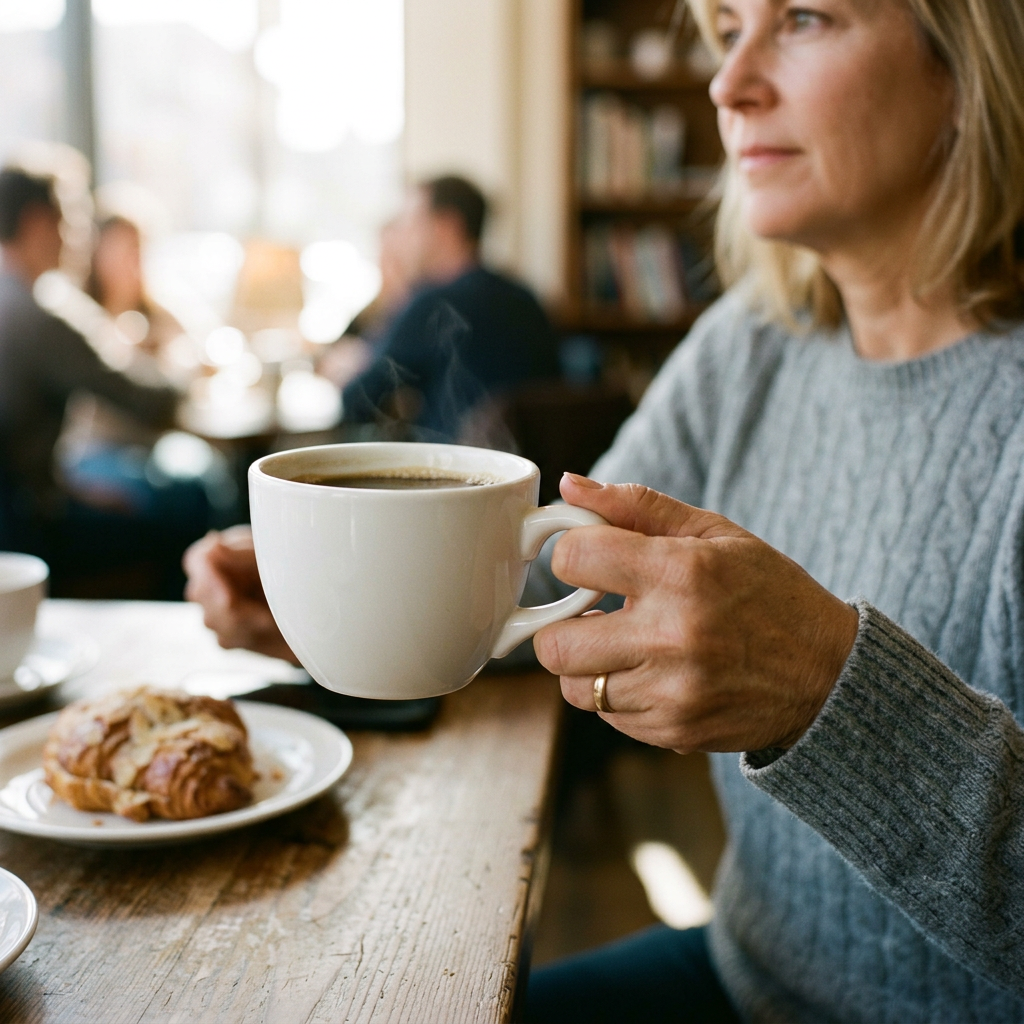A person holding a white ceramic coffee mug by the handle wi