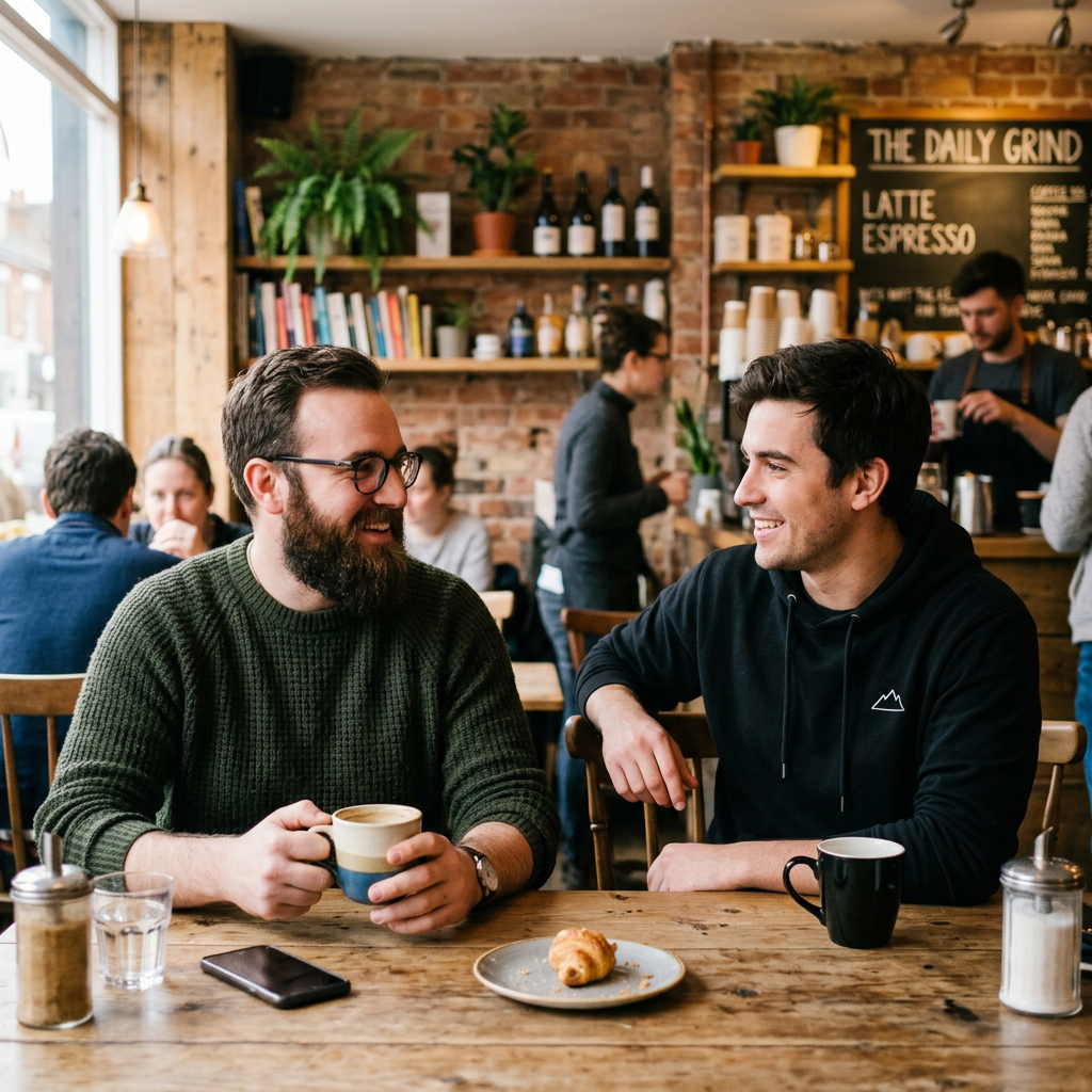 Two men at a cafe: one with a beard and glasses wearing a gr