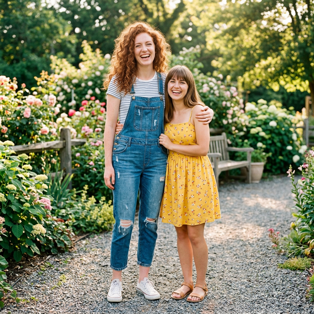 Two friends posing: one tall with curly red hair in denim ov
