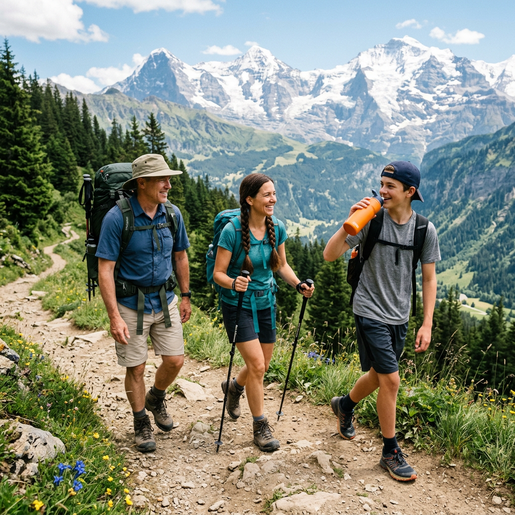 Three hikers on a trail: a man with a backpack and sunhat, a