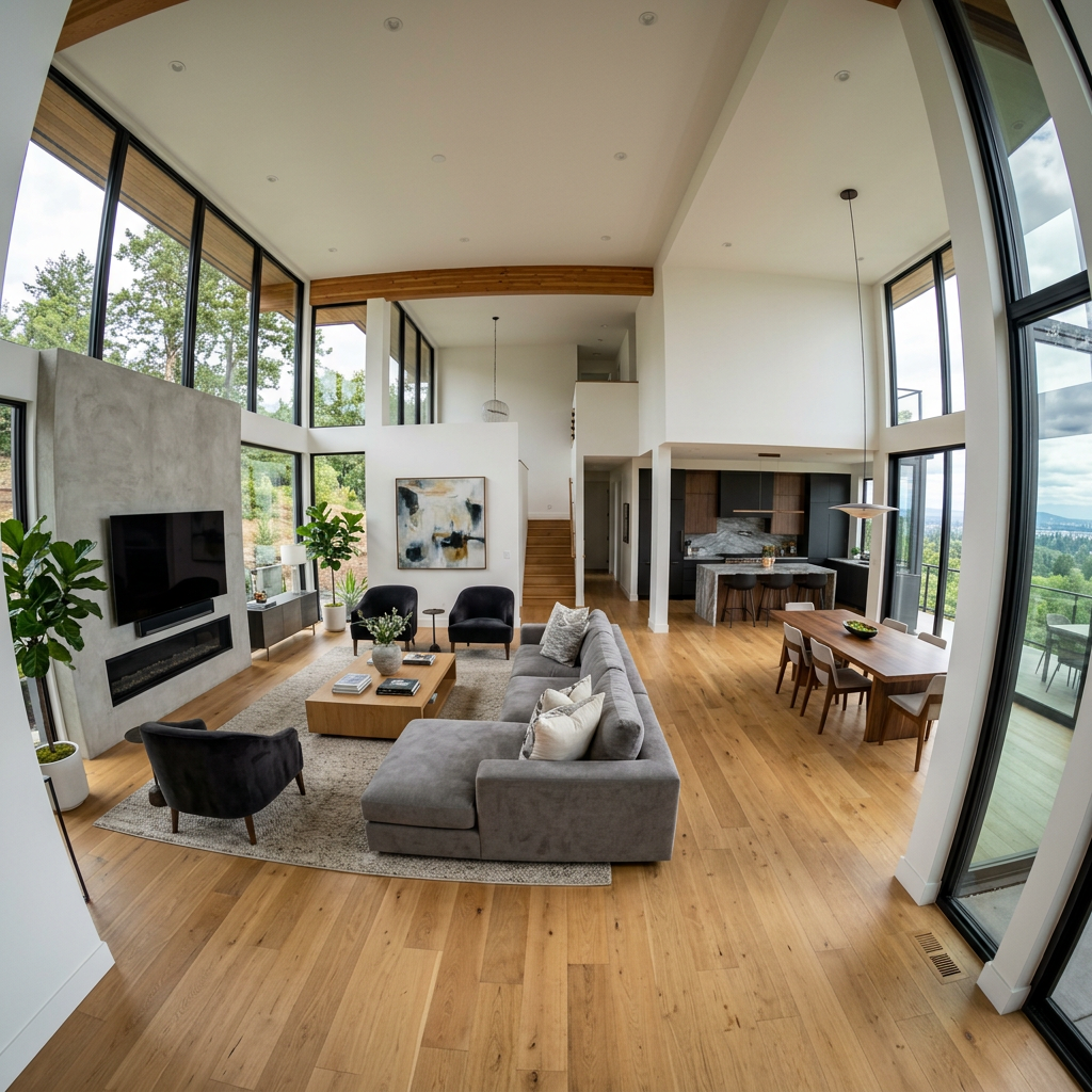 A wide-angle shot of a modern living room interior showing e