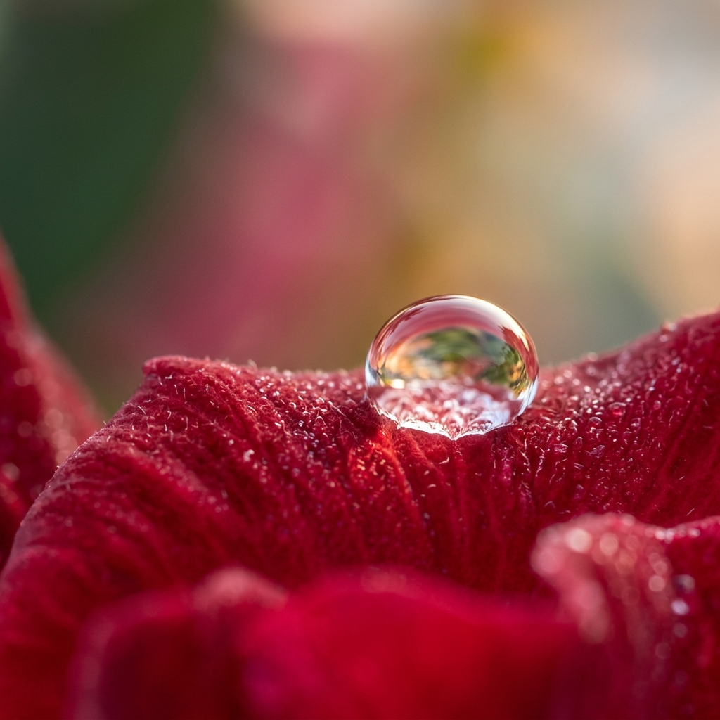 A close-up macro shot of a single dewdrop on a rose petal, s