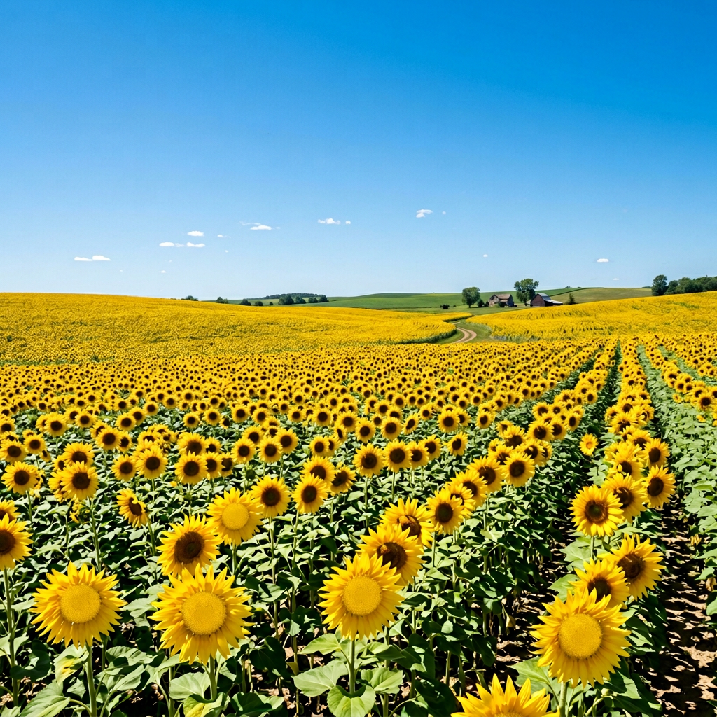A field of pure sunflower yellow flowers under a clear blue 