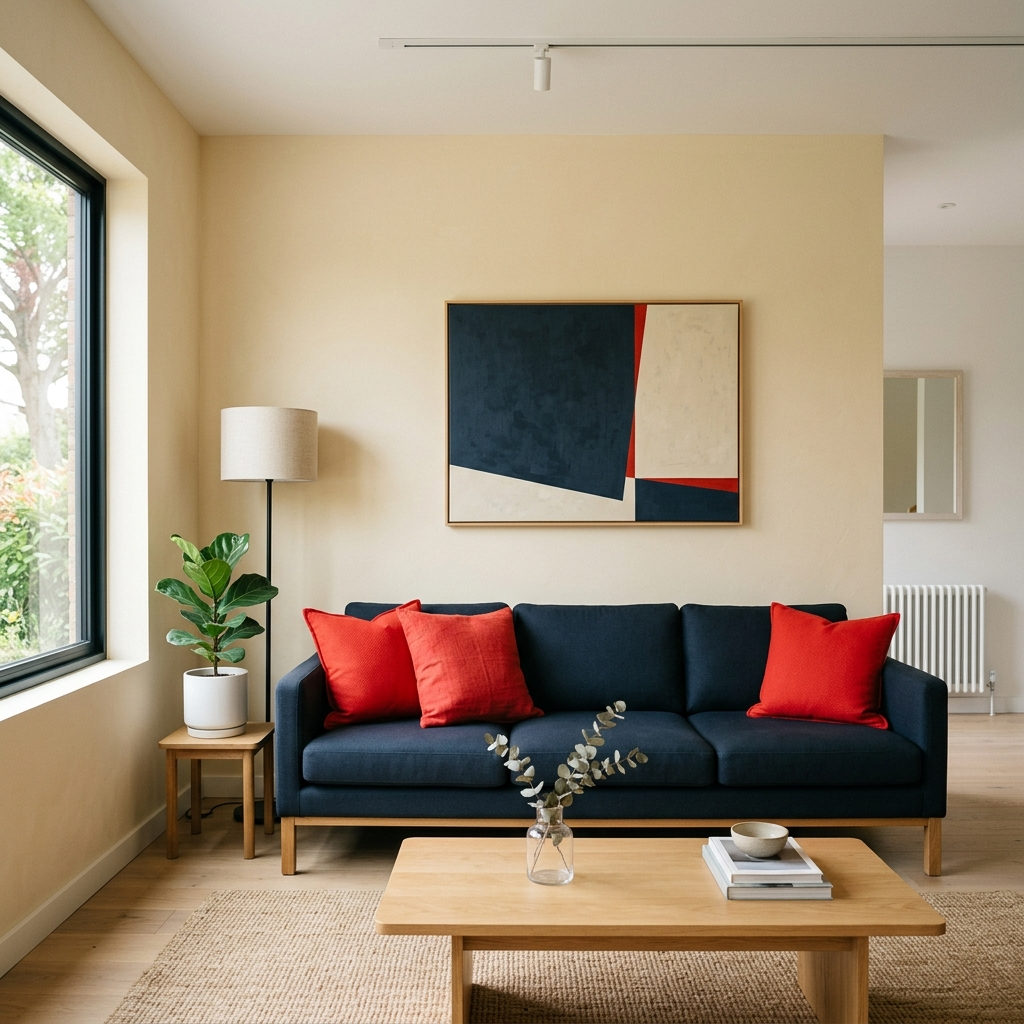 A minimalist room with walls in #F5E6CC (warm cream), a sofa