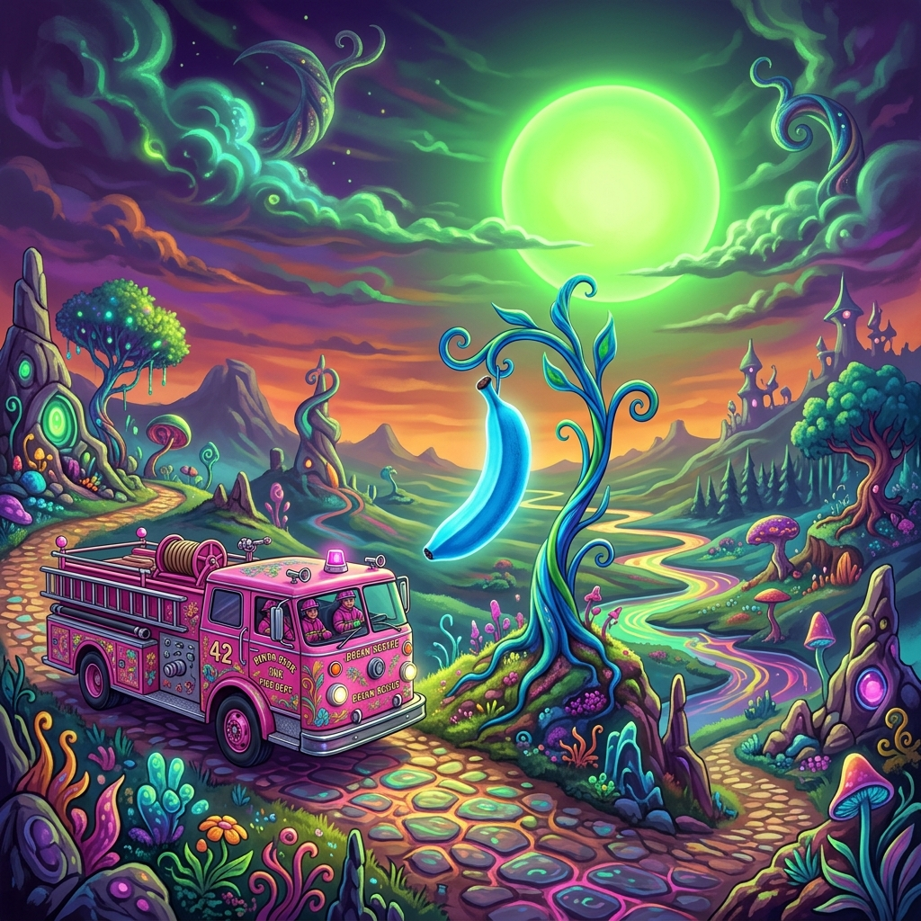 A pink fire truck, a blue banana, and a green sun in a surre