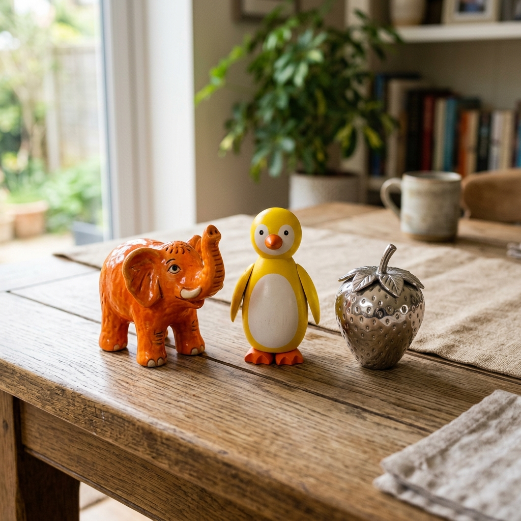 An orange elephant, a yellow penguin, and a silver strawberr
