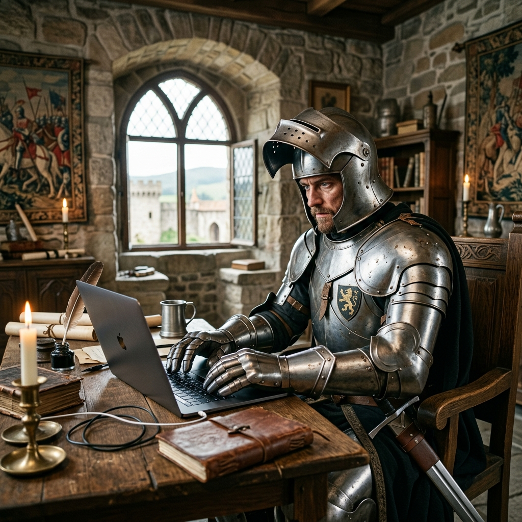A medieval knight in full armor sitting at a desk typing on 