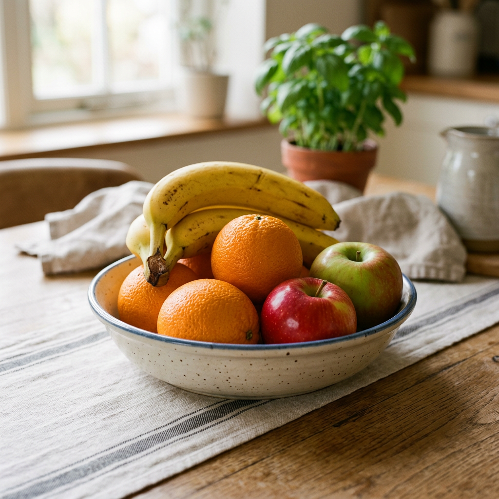 A fruit bowl containing exactly 3 bananas, 4 oranges, and 2 