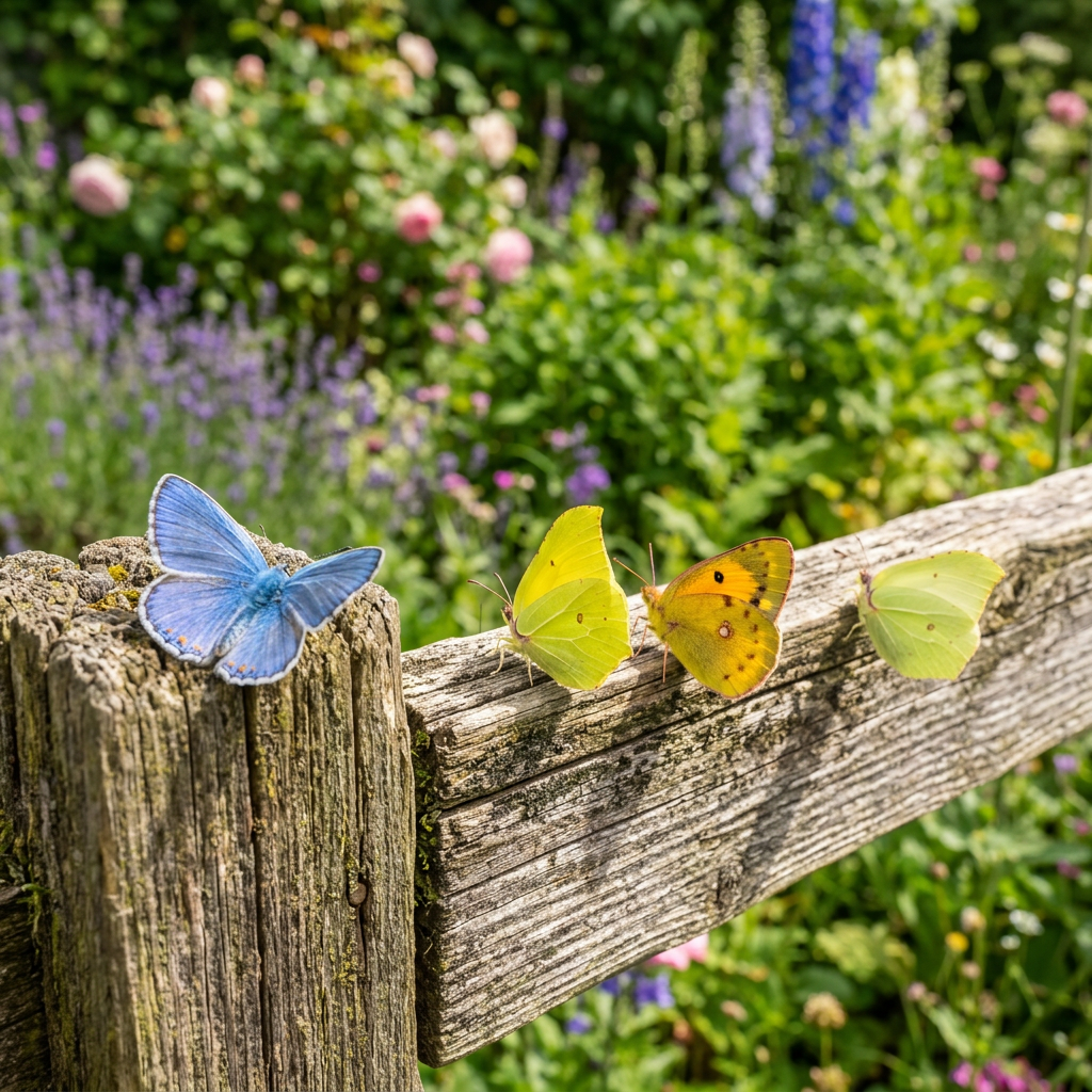 1 blue butterfly and 3 yellow butterflies resting on a garde