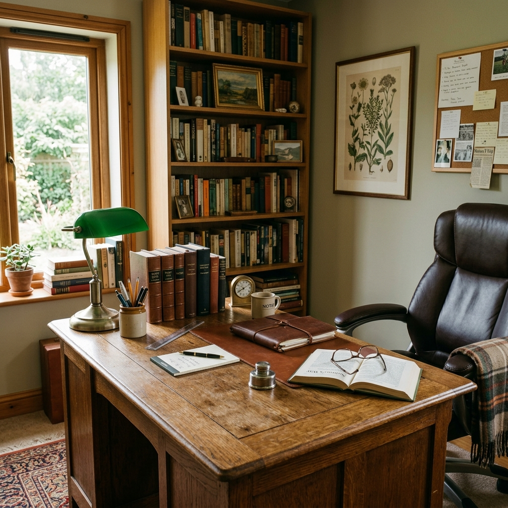 An office workspace with a desk, chair, bookshelf, and lamp 