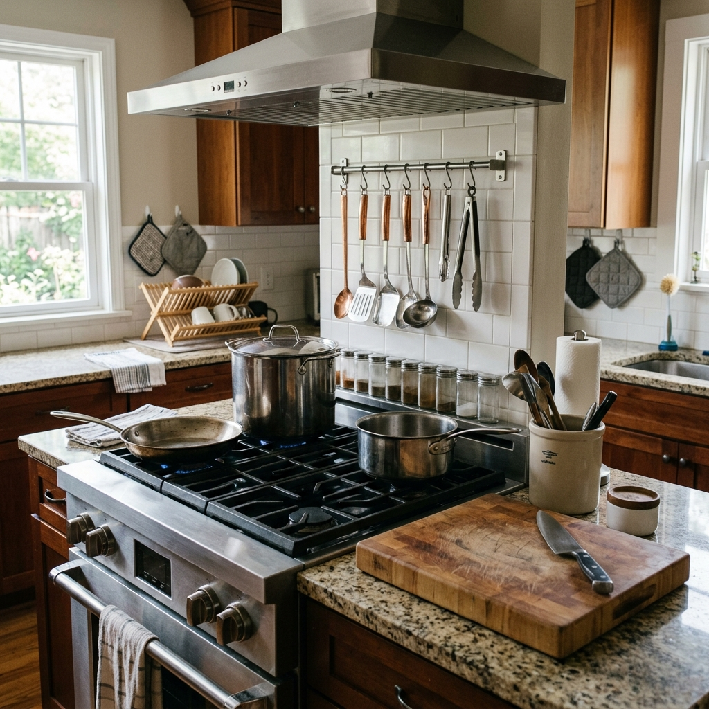 A kitchen with pots, pans, a stove, and a cutting board but 