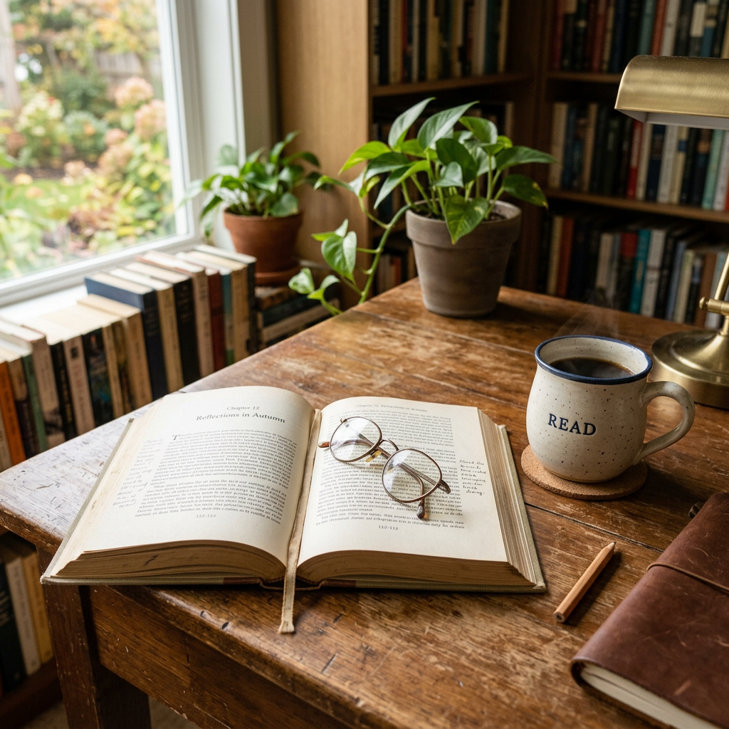 A coffee mug next to an open book on a desk