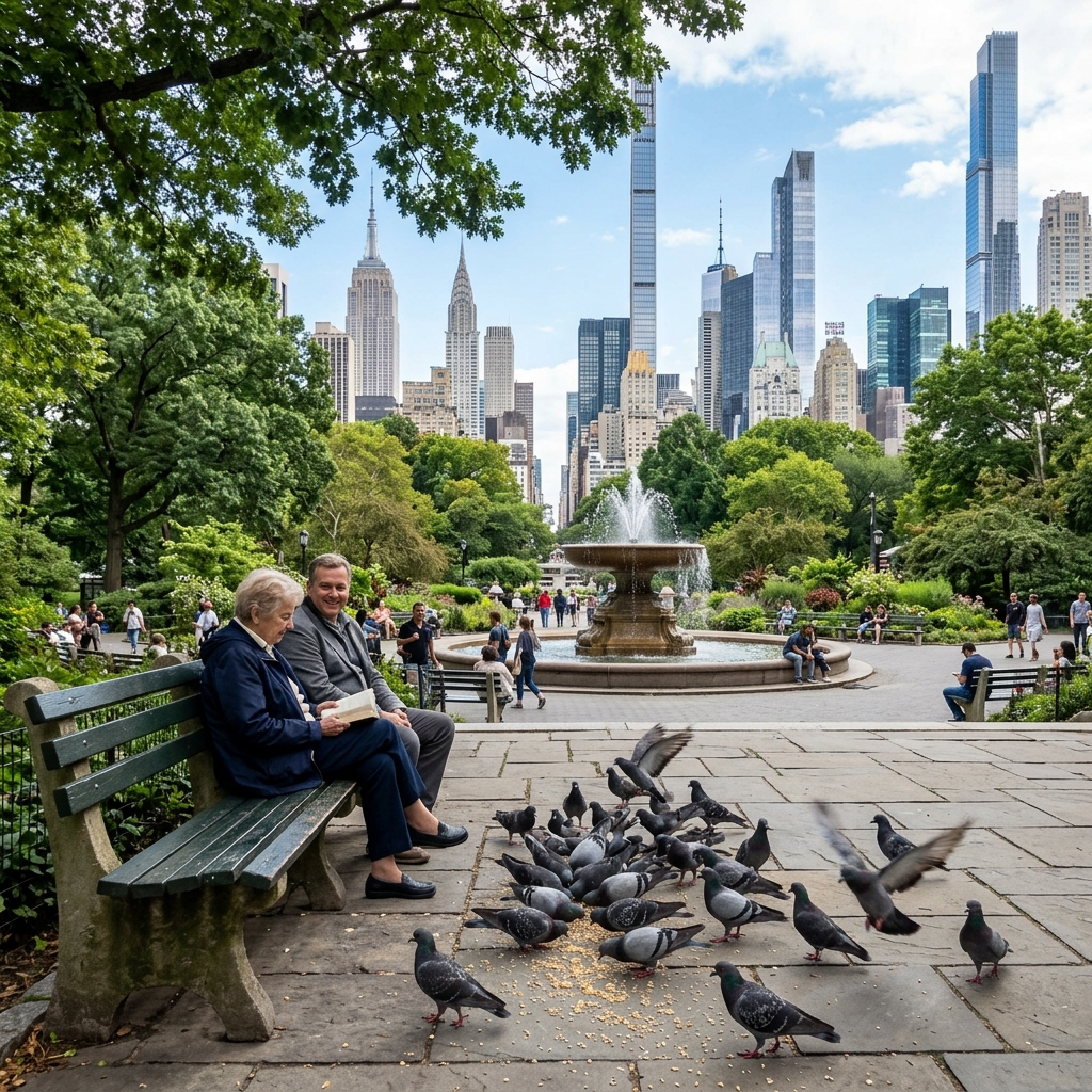 A city park with a park bench and pigeons in the foreground,