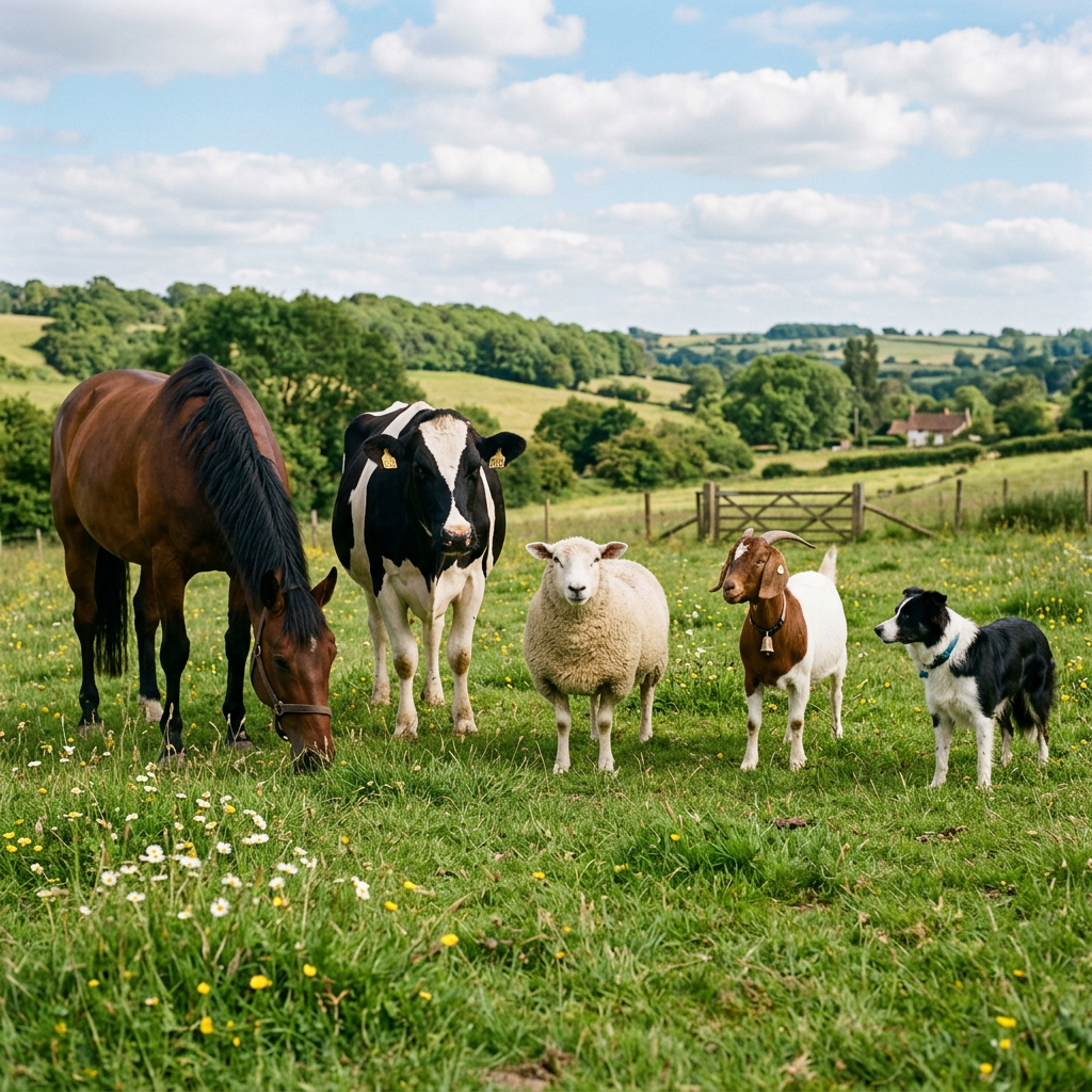 Five animals in a field: a horse on the far left, a cow to t