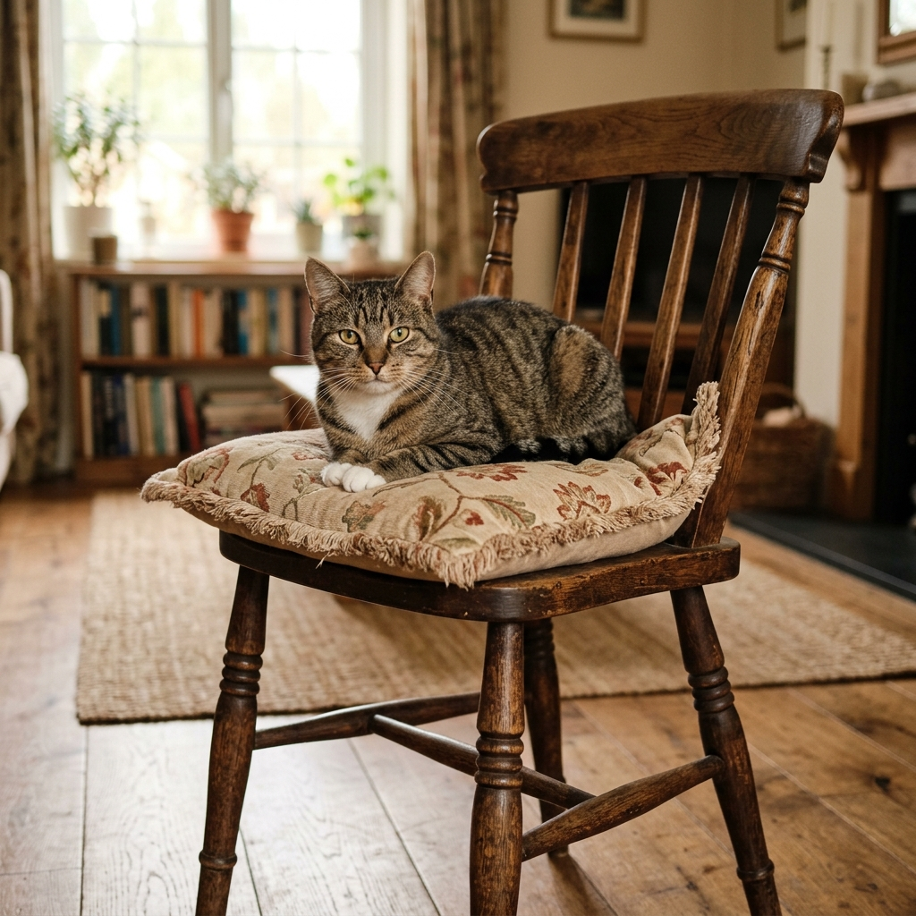 A cat sitting on a pillow, the pillow placed on a wooden cha
