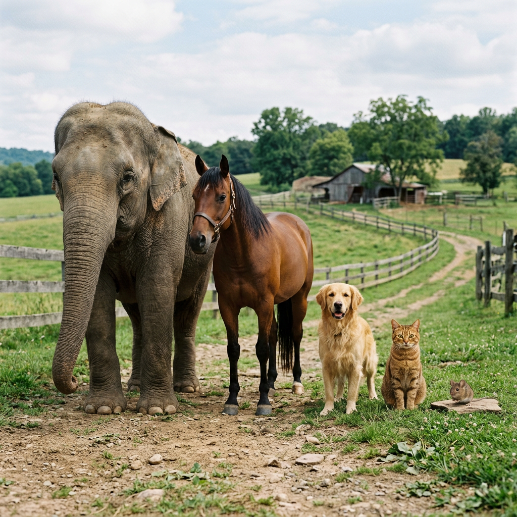 A group photo of an elephant, a horse, a dog, a cat, and a m