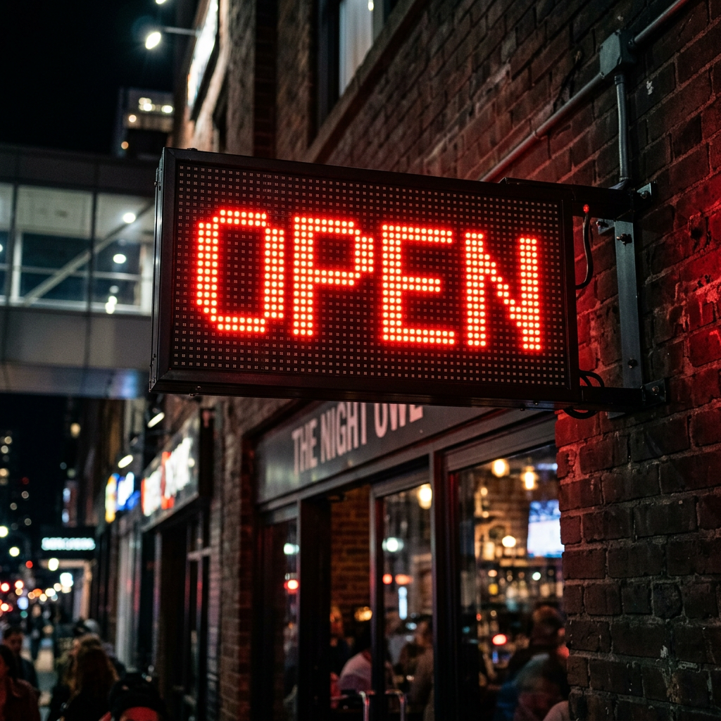 The word 'OPEN' displayed on a red LED sign with glowing pix