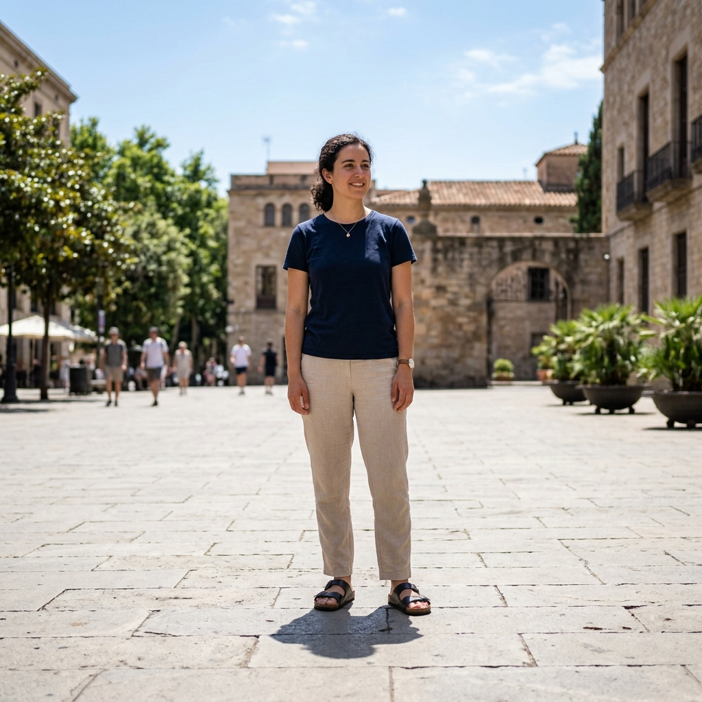 A person standing outdoors at midday with a short shadow dir