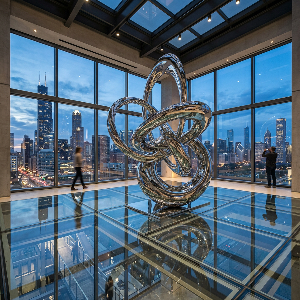 A chrome sculpture in a room with a glass floor and large wi