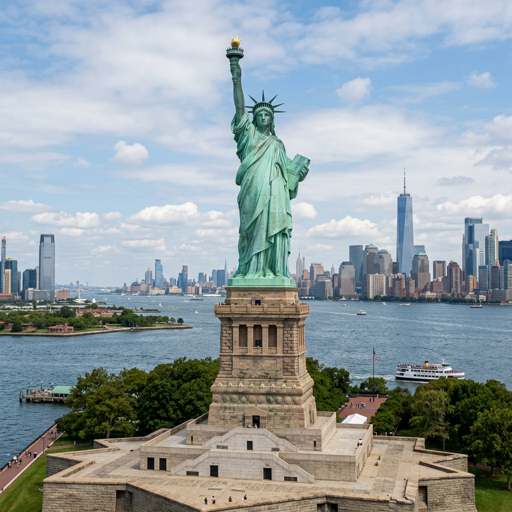 The Statue of Liberty on her island pedestal, with correct t