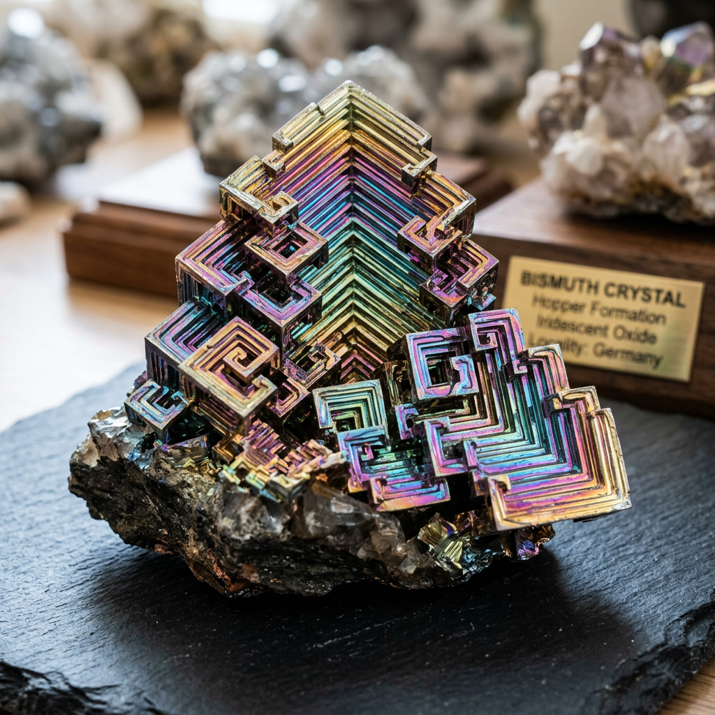 A specimen of bismuth crystal showing accurate iridescent ox