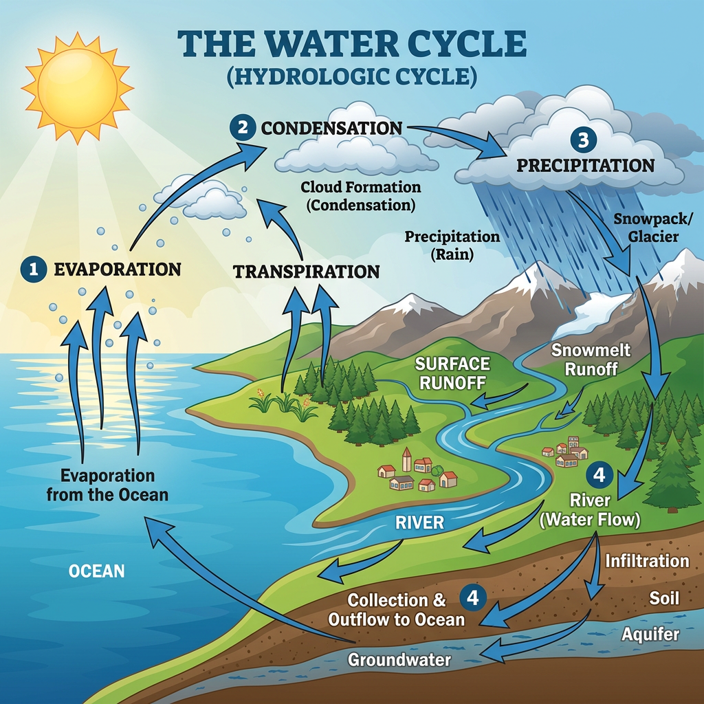 A detailed diagram of the water cycle showing evaporation fr