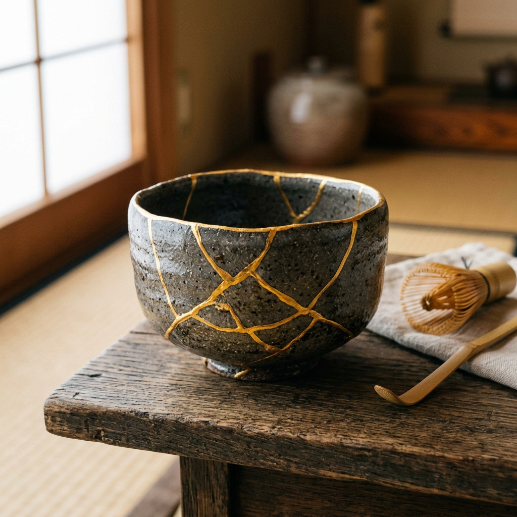 A Japanese kintsugi bowl — cracked ceramic repaired with vis