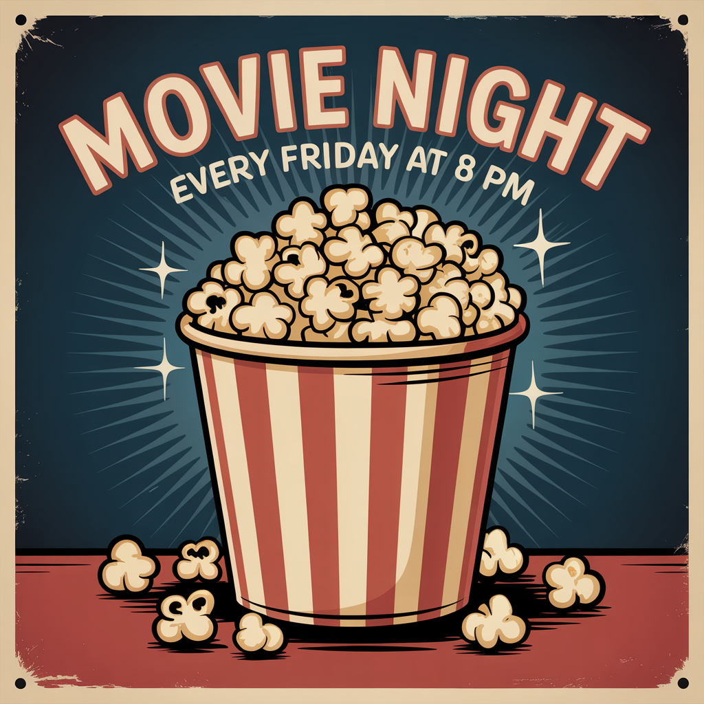A movie night poster with a large popcorn image in the cente