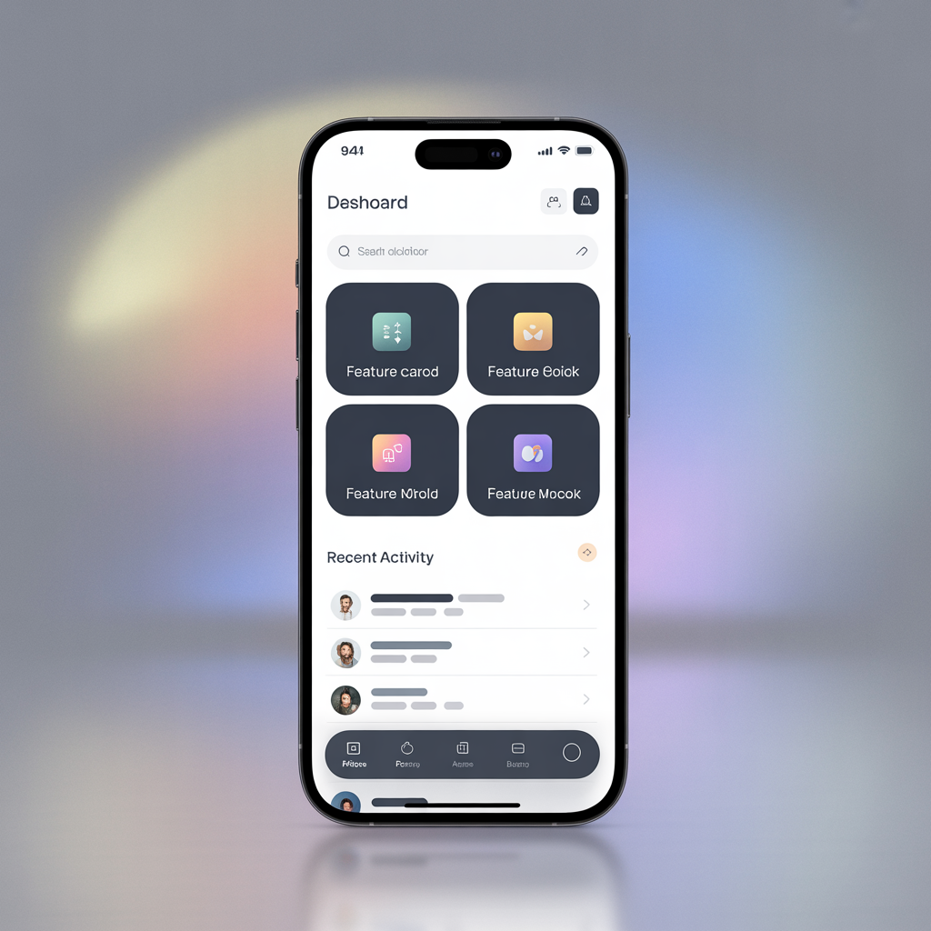 A mobile app UI mockup showing a dashboard with a top naviga