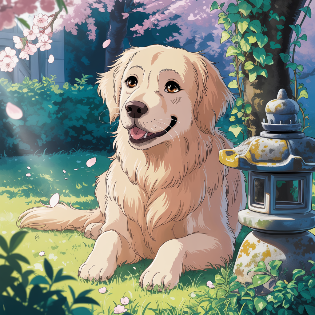 A golden retriever sitting in a garden, rendered in Japanese