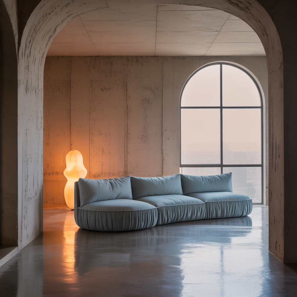 An interior scene rendered in soft brutalism — raw concrete 