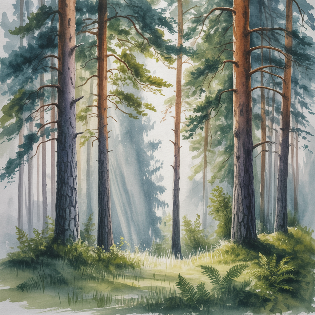 A forest rendered in photorealistic watercolor — the detail 