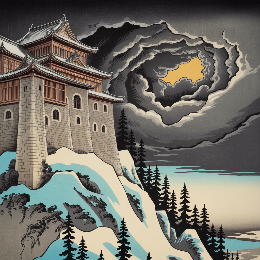 A medieval castle depicted in Japanese ukiyo-e woodblock pri