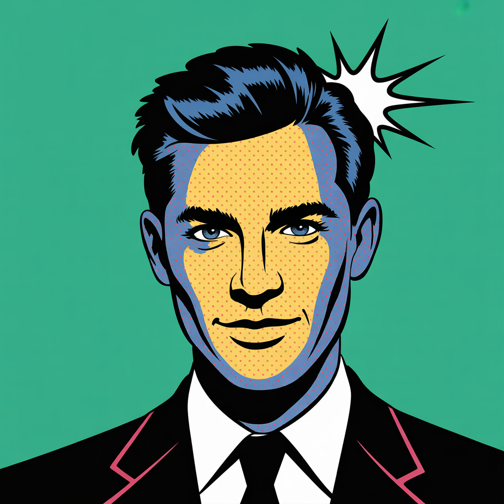 A portrait of a man in Pop Art style — bold outlines, Ben-Da