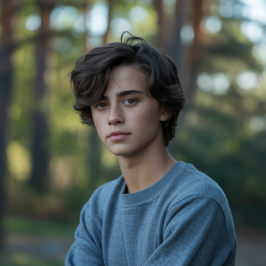 A headshot of a teenager with a relaxed, neutral face
