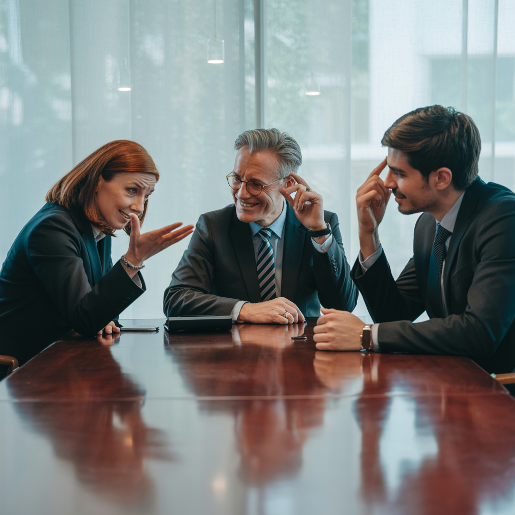 Three coworkers in a meeting: one looking frustrated with fu