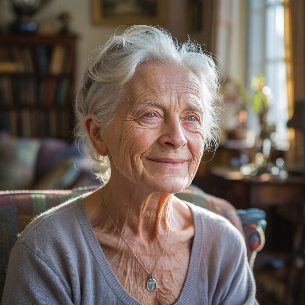 An elderly woman in her 80s with deep wrinkles and white hai