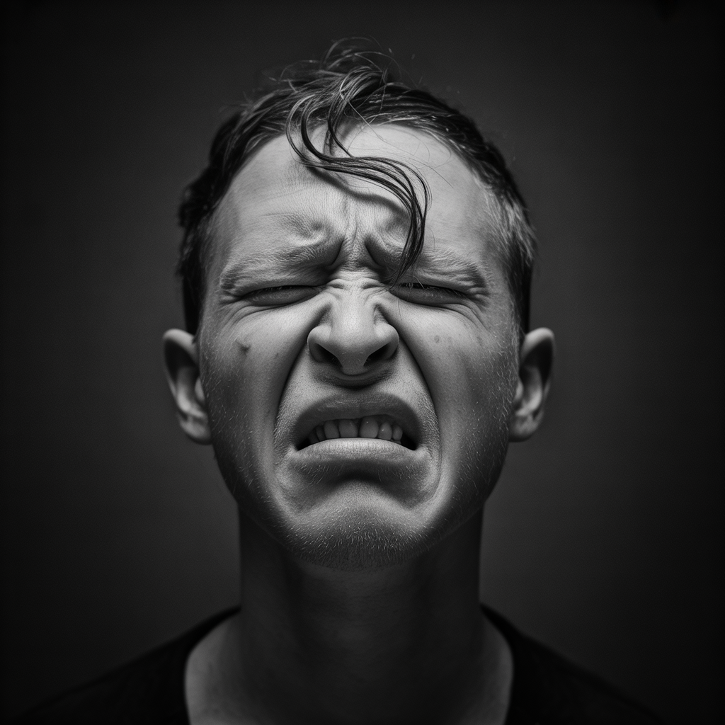 A close-up of a person's face showing clear disgust, nose wr