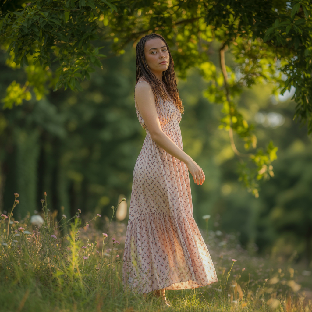 A person standing in a neutral pose in a park, full body vis