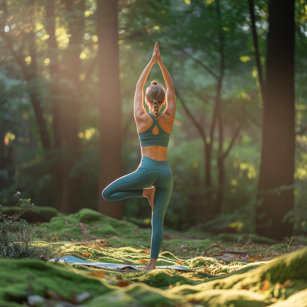A person in a yoga tree pose — standing on one leg with the 
