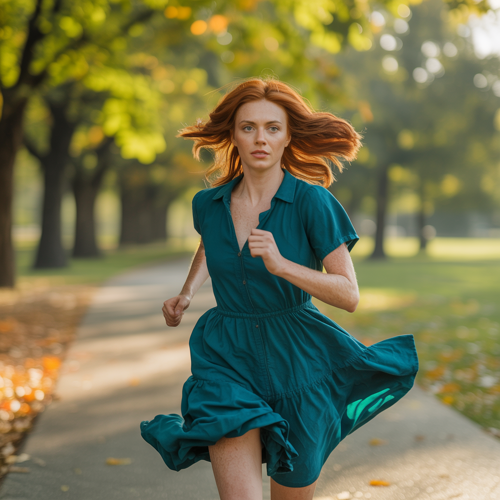 A woman mid-stride running through a park, hair and clothes 