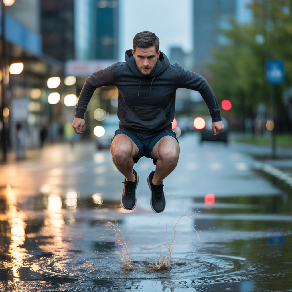 A man captured mid-jump over a puddle, body in the air with 