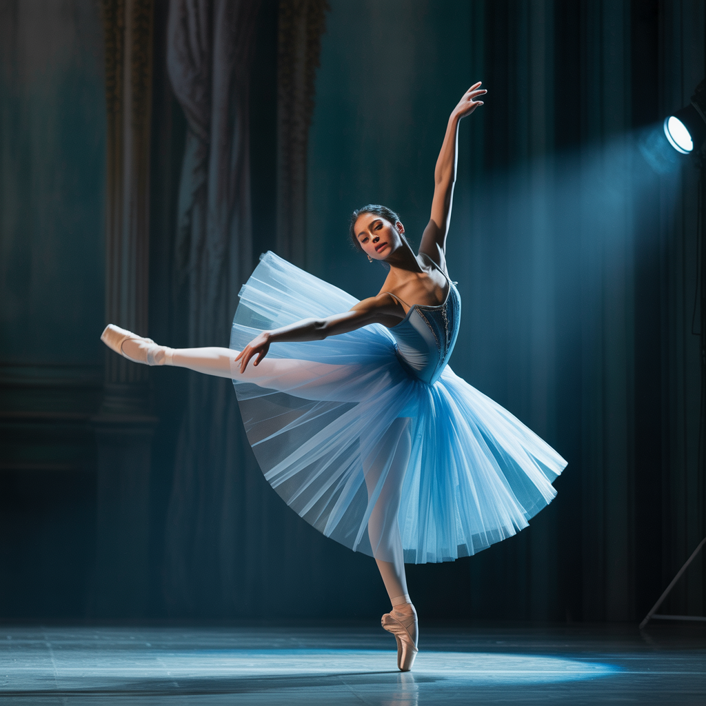 A dancer in a dynamic spin, dress flowing outward with one l