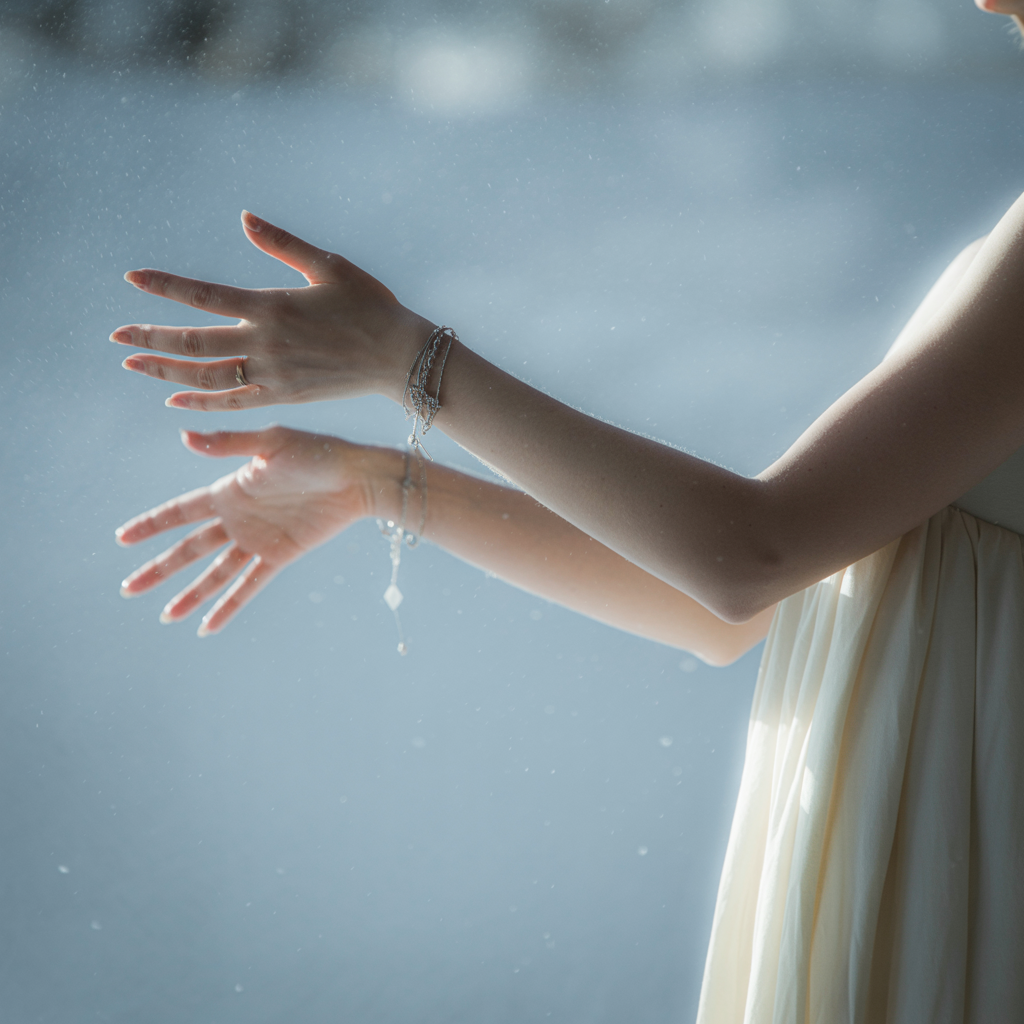 A woman holding her hands out in front of her palms-up, all 
