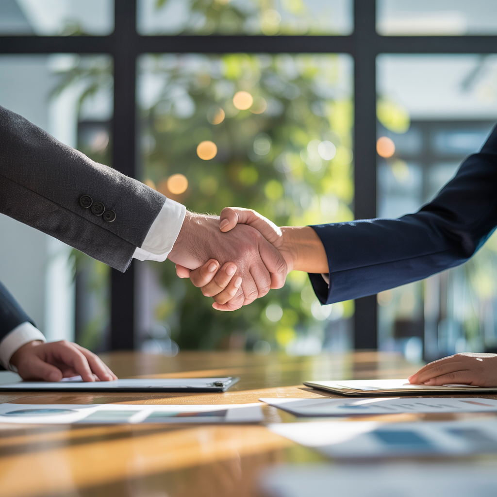 Two people shaking hands in a professional setting, all fing